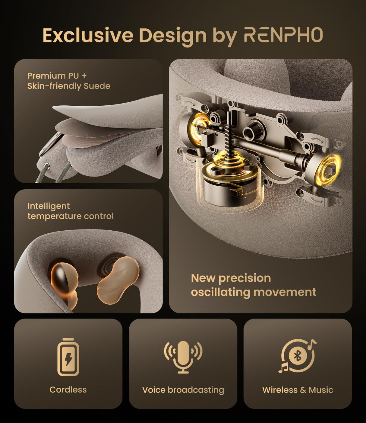 RENPHO Neck Massager with Heat [2025 Upgraded], 6D Cordless Neck Massager for Pain Relief Deep Tissue, Deep Kneading Shoulder Massage, Mothers Day Gifts for Women Men Mom Dad, Khaki