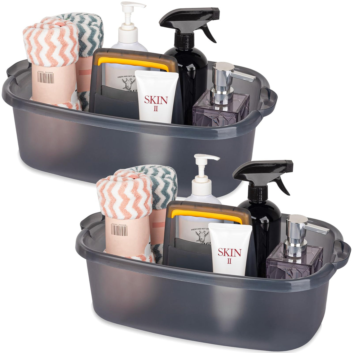 JiatuA Large Cleaning Supplies Caddy Portable Shower Basket Supply Organizer with Handle Plastic Bucket Tool Storage for Bathroom, Bedroom, Kitchen, College Dorm, Garden, Clear Grey 2 Pack