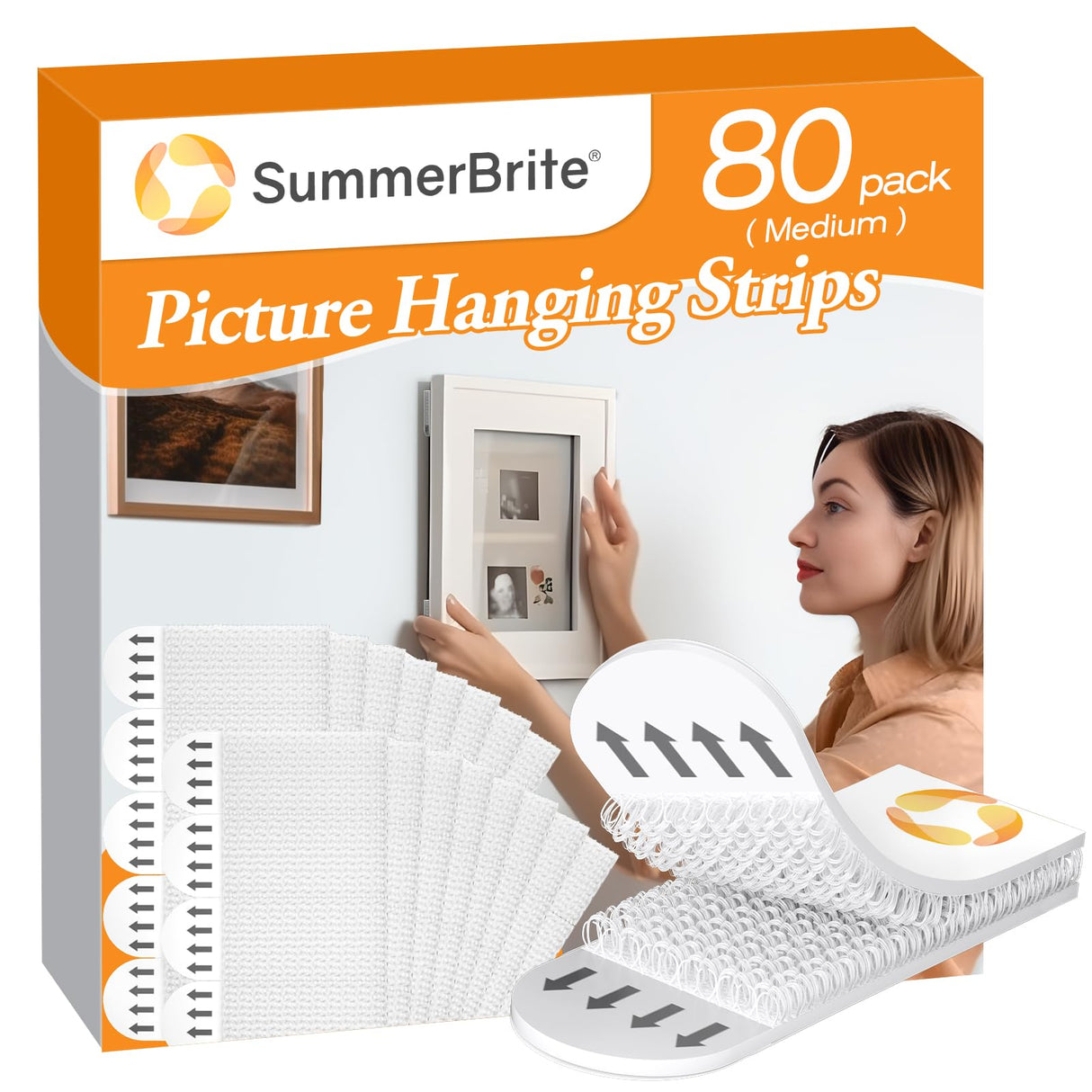 SummerBrite Picture Hanging Strips 80 Strips, Damage Free Removal, Wall Poster Picture Hangers Without Nails, Sticky Hook & Loop Adhesive Strips for Poster/Picture/Home/Office, 40 Pairs/Medium, White