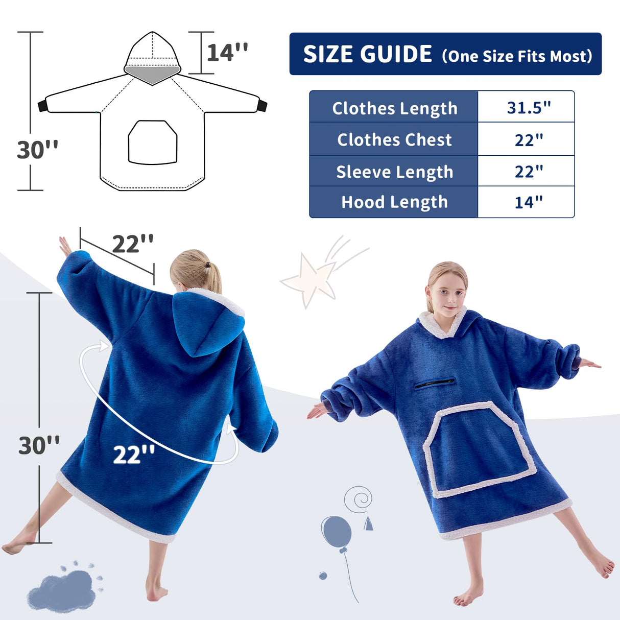 IFNOW Wearable Blanket Hoodie For Kids, Blanket Hoodie For Kids With Hood And Pockets, Girls Oversized Hoodie Blankets As Gift For Teens Girls Boys Birthday Christmas (Navyblue)