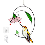 Handmade Tiffany Copper Foil Stained Glass Hummingbird Suncatcher - 8 Inch Real Glass Window Hanging with Flowers, Bird Safe Gift for Grandma, Mother, Women & Bird Lovers, Includes Suction Hooks