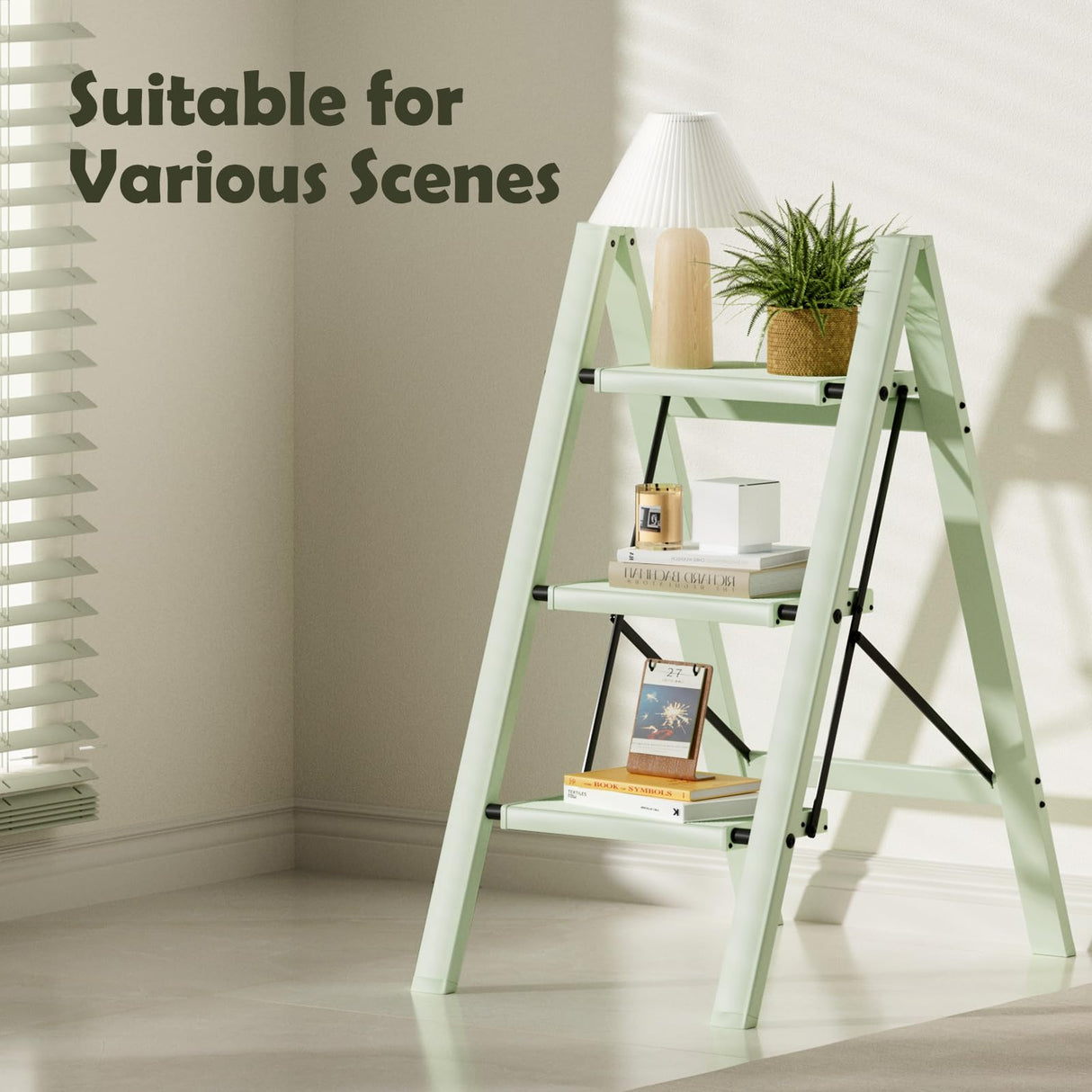 Taranta 3 Step Ladder,Aluminum Lightweight Folding 3 Step Stool with Anti-Slip Wide Pedal,330lbs Capacity Step Ladder for Household,Kitchen,Office - Fairyland Green