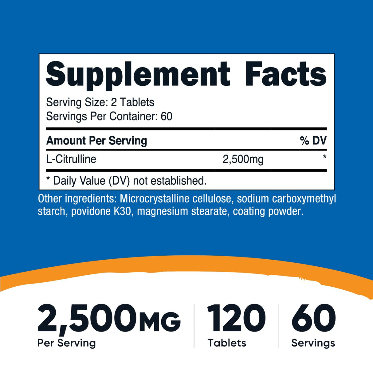 Nutricost L-Citrulline 2500mg Per Serving, 60 Servings, 1250mg Per Tablet, 120 Tabs - Non-GMO and Gluten Free Supplement