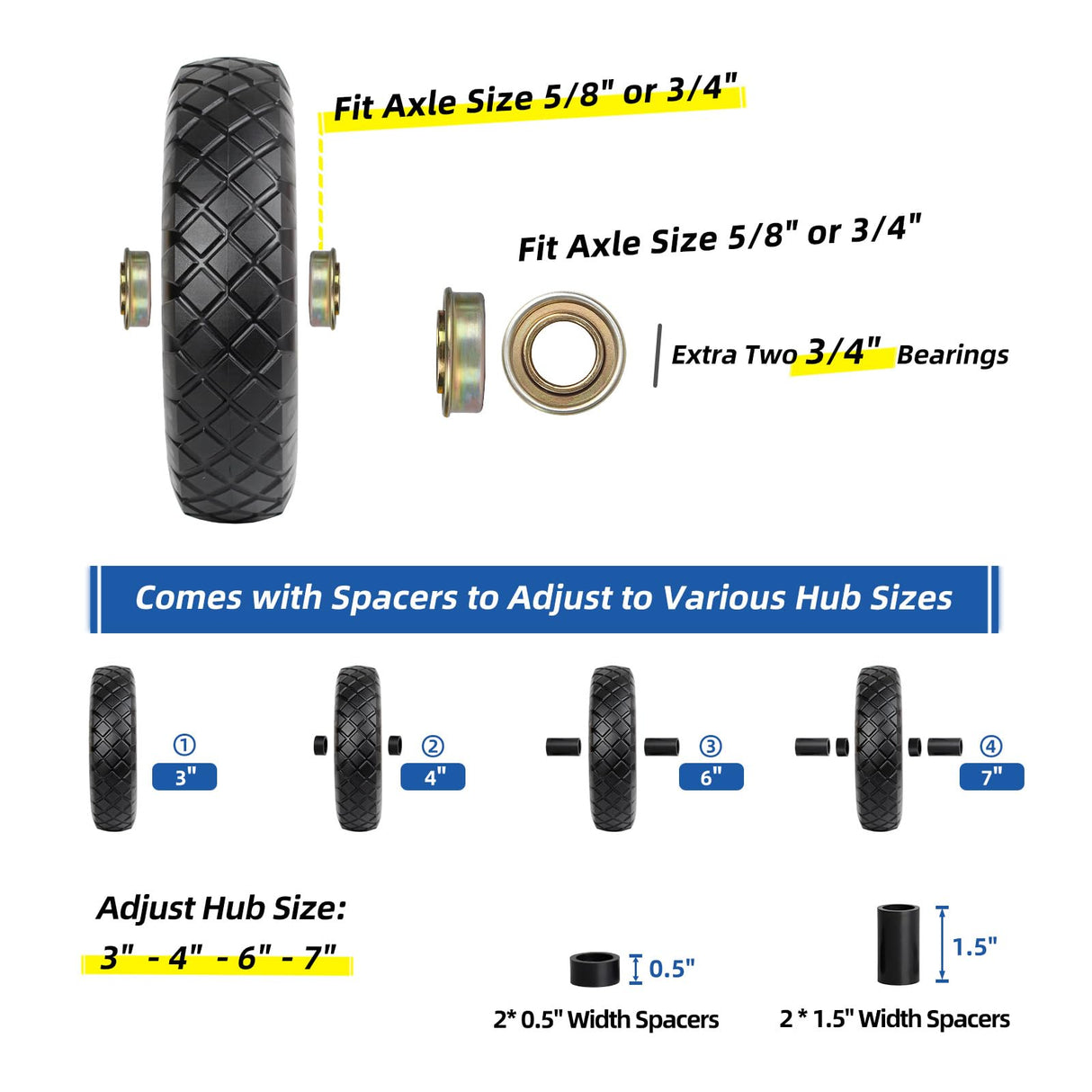 GICOOL 4.80/4.00-8" Wheelbarrow Tire, 16" Flat-Free Solid Tire and Wheel, 3-6" Centered Hub, 5/8" & 3/4" Bearing, For Garden Wagon Cart Trolley Dolly (1 Pack)