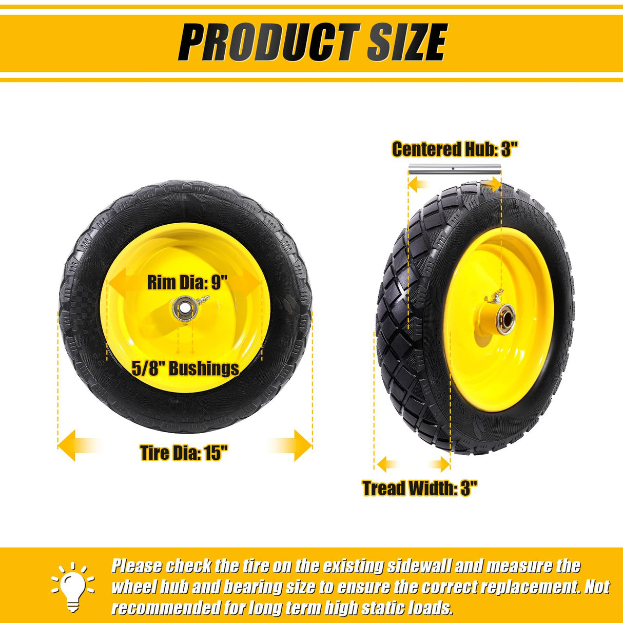 MZREXN 4.80/4.00-8" Wheelbarrow Tires, 15" Flat Free Tire and Wheel