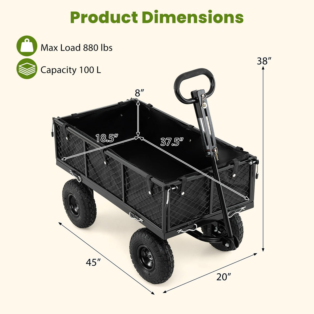 Goplus 880lbs Heavy Duty Garden Cart, Metal Utility Wagon Cart with Removable Oxford Cloth Liner & Mesh Sides, 10" Pneumatic Tires, 180° Rotating Handle for Yard, Lawn