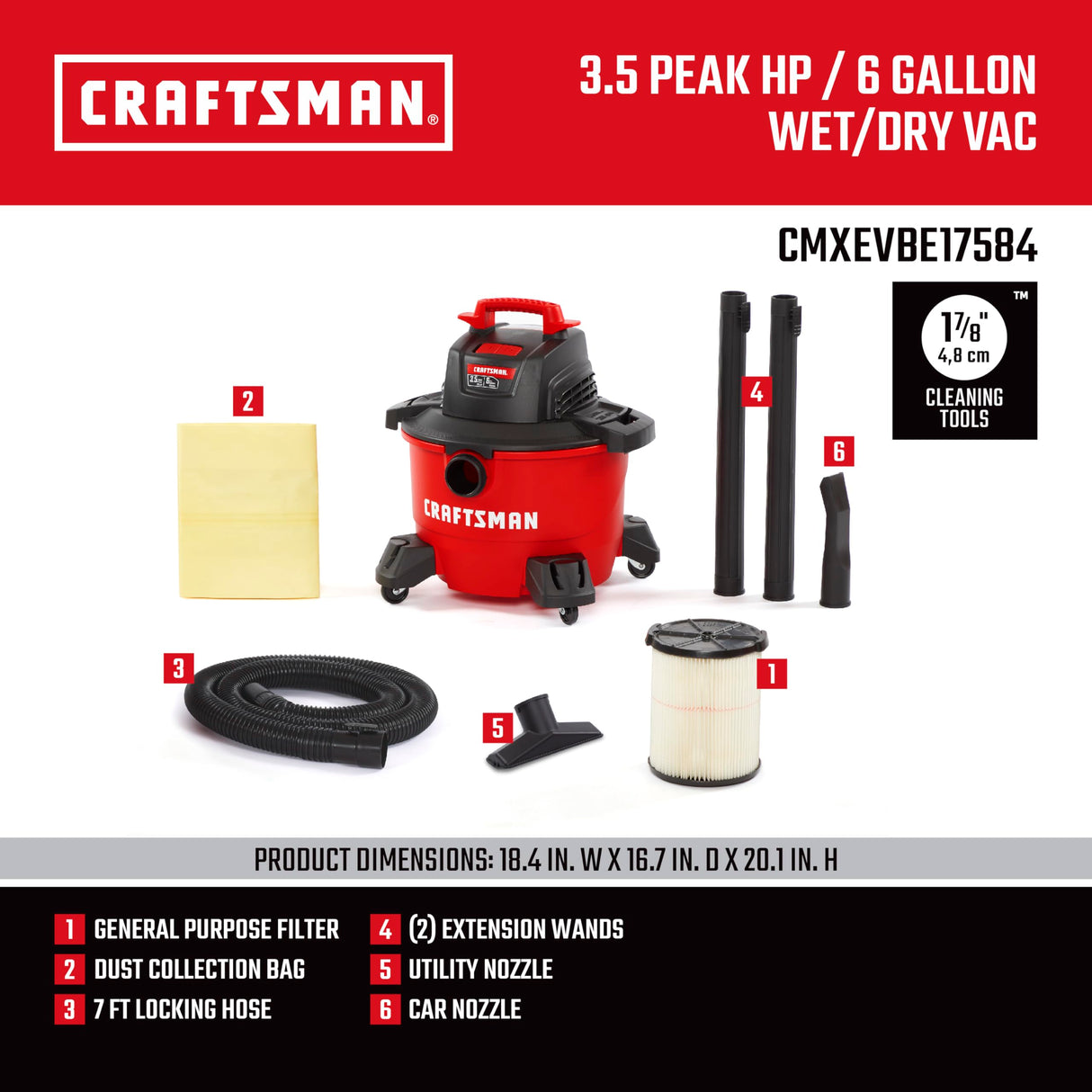 CRAFTSMAN CMXEVBE17584 6 Gallon 3.5 Peak HP Wet Dry Shop Vacuum