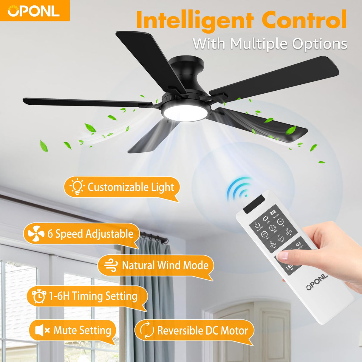 OPONL 52 Inch Black Ceiling Fan with Light, Remote Control, Low Profile, Noiseless, Reversible, Dimmable, Timeable, Metal Housing, Flush Mount Ceiling Fans with Lights for Bedroom, Indoor/Outdoor Use