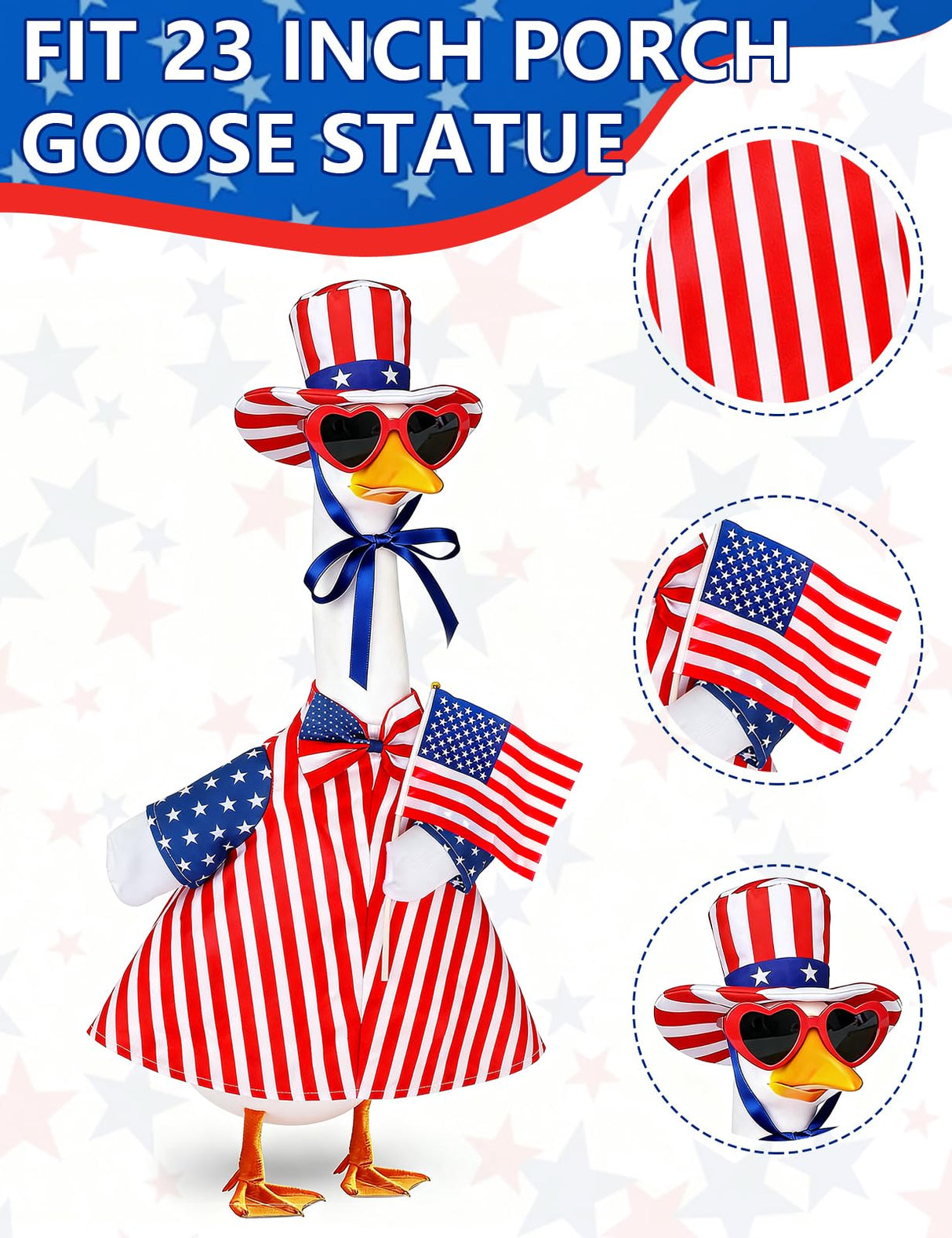 bomis Veterans Day Patriotic Porch Goose Outfits for 23 Inch Lawn Statue – Veteran Tribute Goose Costume with Red Heart Sunglasses, Star‑Striped Top Hat, Handheld American Flag