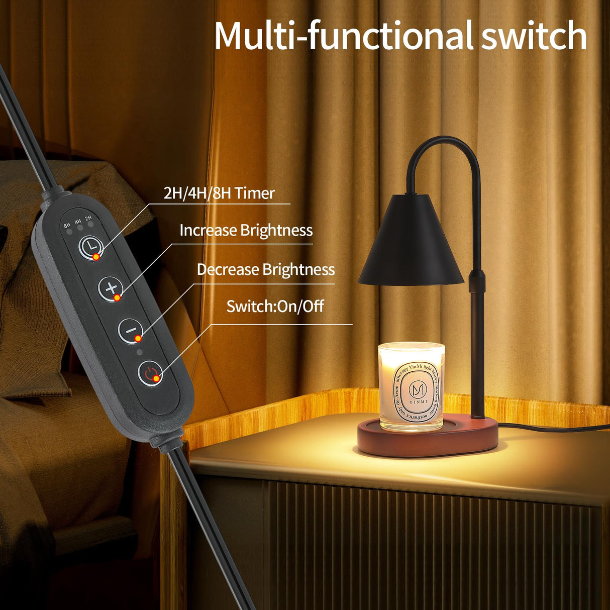 MEIXISUE Black Candle Warmer Lamp with Timer and Dimmer,Mother's Day/Birthday/Christmas Gifts for Mom/Wife,Electric Wax Melt Warmer,Home Decor,Scented Jar Lamp,Adjustable Height,with 2 Bulbs