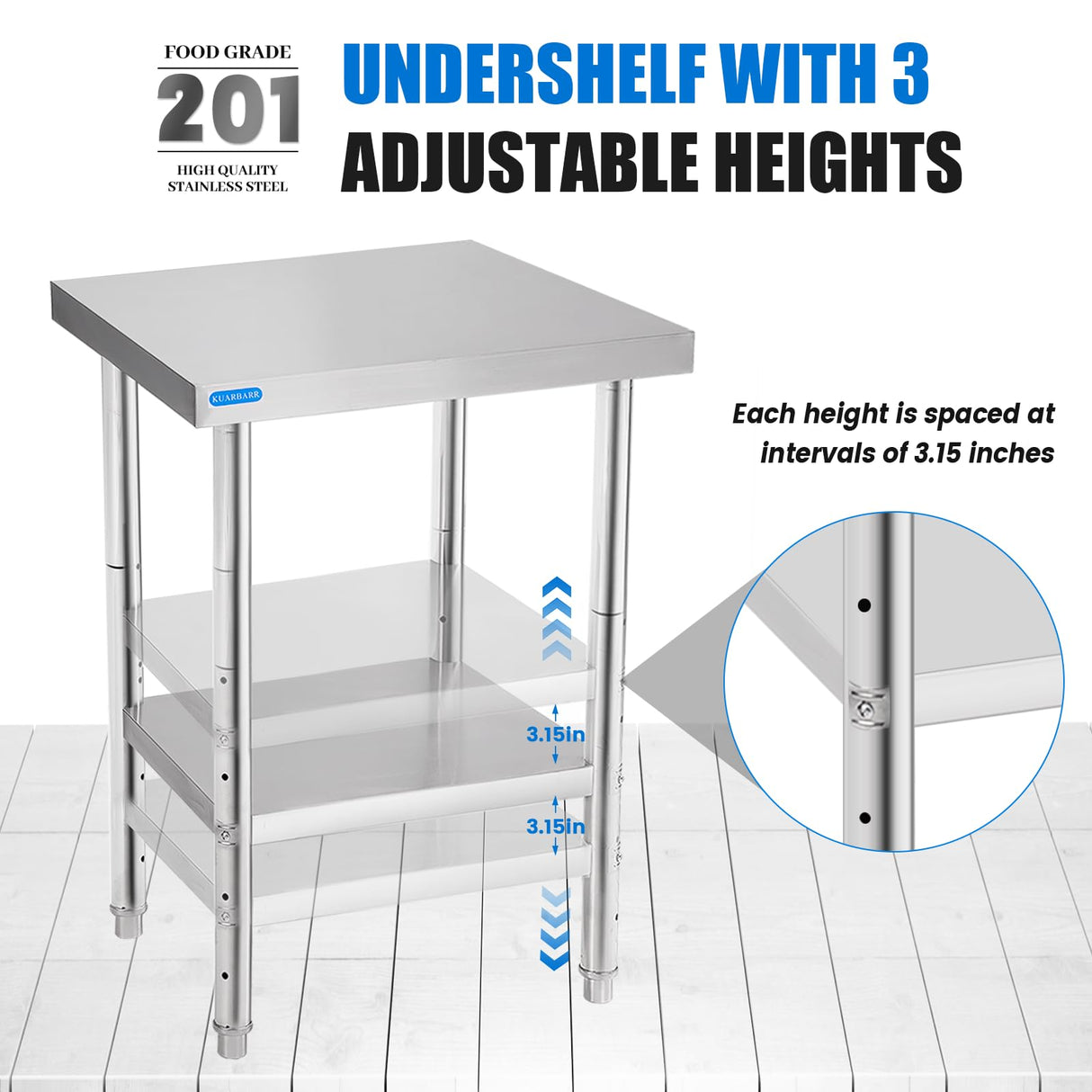 KUARBARR Stainless Steel Table for Prep & Work with Undershelf 24 x 24 Inches NSF Metal Commercial Kitchen Prep Table with Adjustable Under Shelf Worktable for Restaurant Home Outdoor