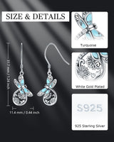 S925 Sterling Silver Turquoise Dragonfly Sunflower /Hummingbird/Butterfly/Cross/Anchor Earring Vintage Bohemian Jewelry Natural Drop/Stud Earrings Birthday Jewelry Gifts for Women (Dragonfly Dangle Earrings)