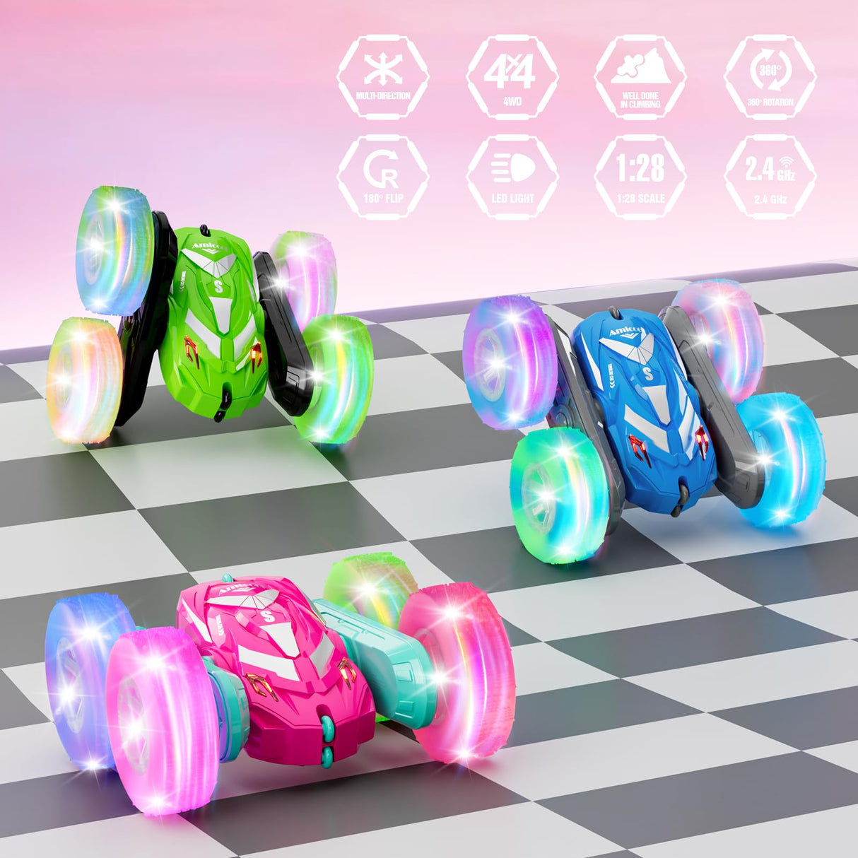 Amicool Remote Control Car for Girls 3-12 with Flashing Light, Toys 4 5 6 7 8 9 Years Old Girl Birthday Gifts Idea, RC Cars Stunt 4WD 2.4Ghz Double Sided 360° Flip, Present for Kids, Christmas, Pink