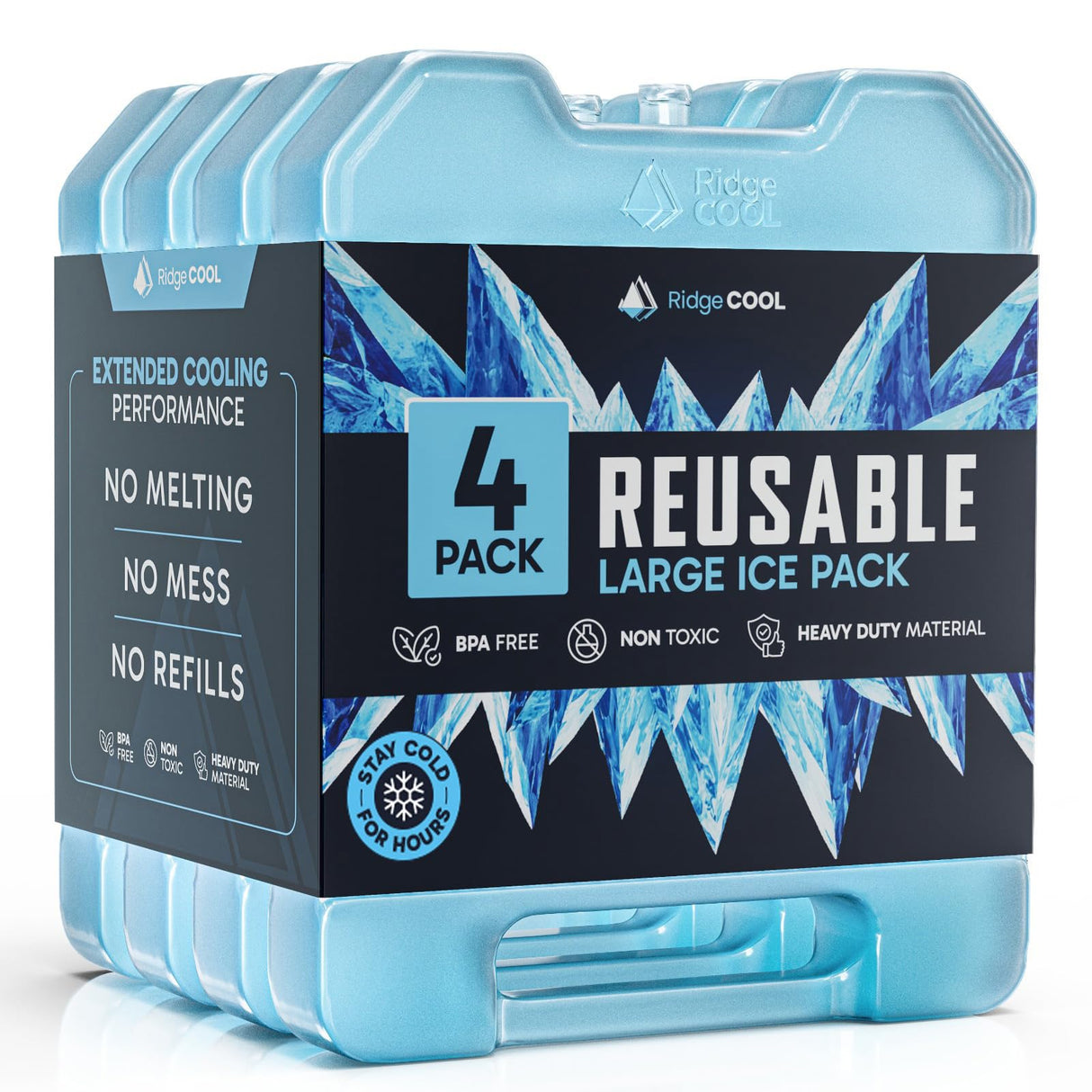 RIDGECOOL 4 Pack Reusable Large Ice Packs for Cooler, Long Lasting Freezer Packs for Camping, Beach, and Road Trips, Cooler Ice Packs BPA-Free Non-Toxic, 8"x 6.7"