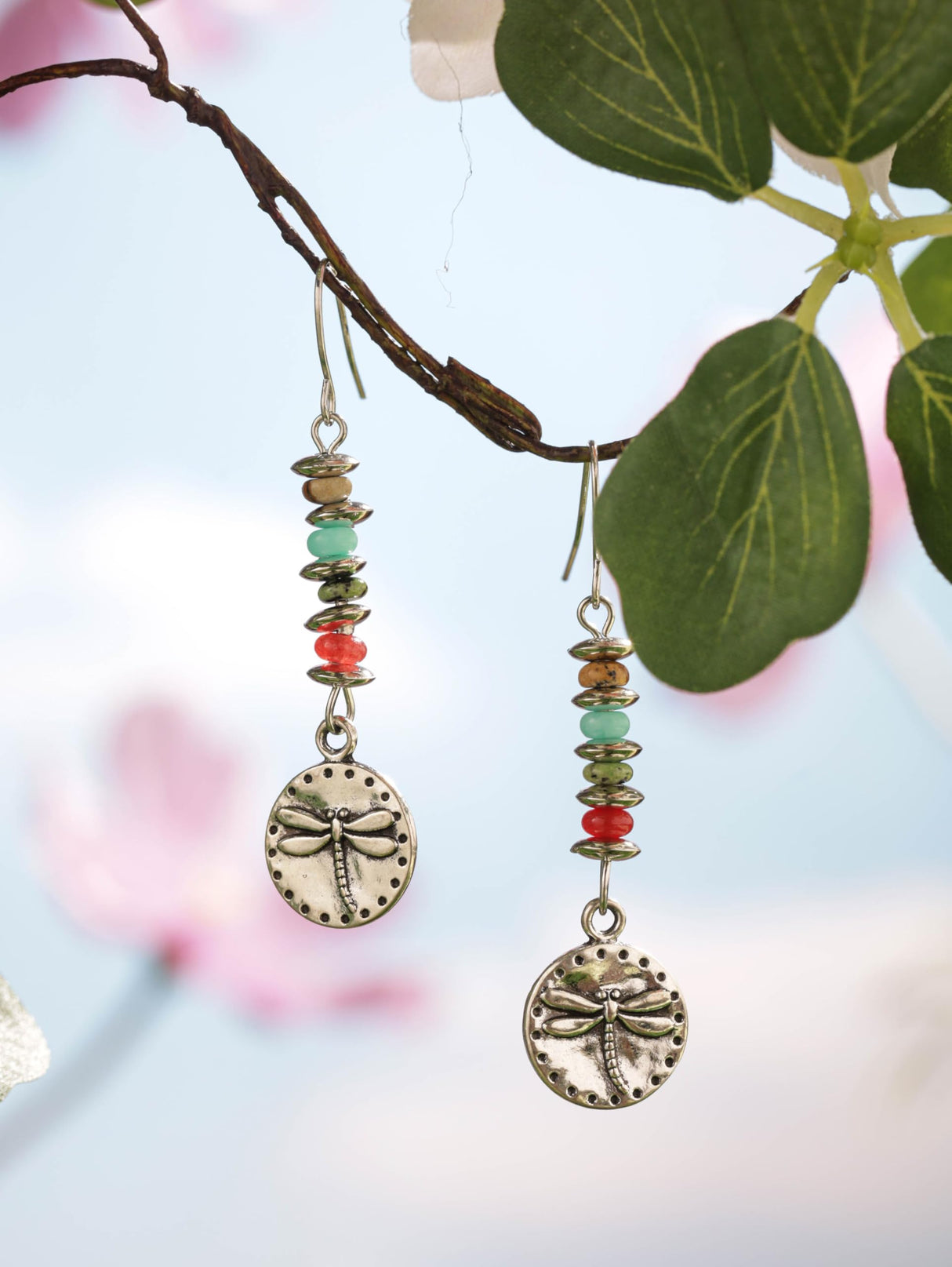MINACHI Boho Dragonfly Silver-Tone with Stone Bead Accent Dangle Earrings