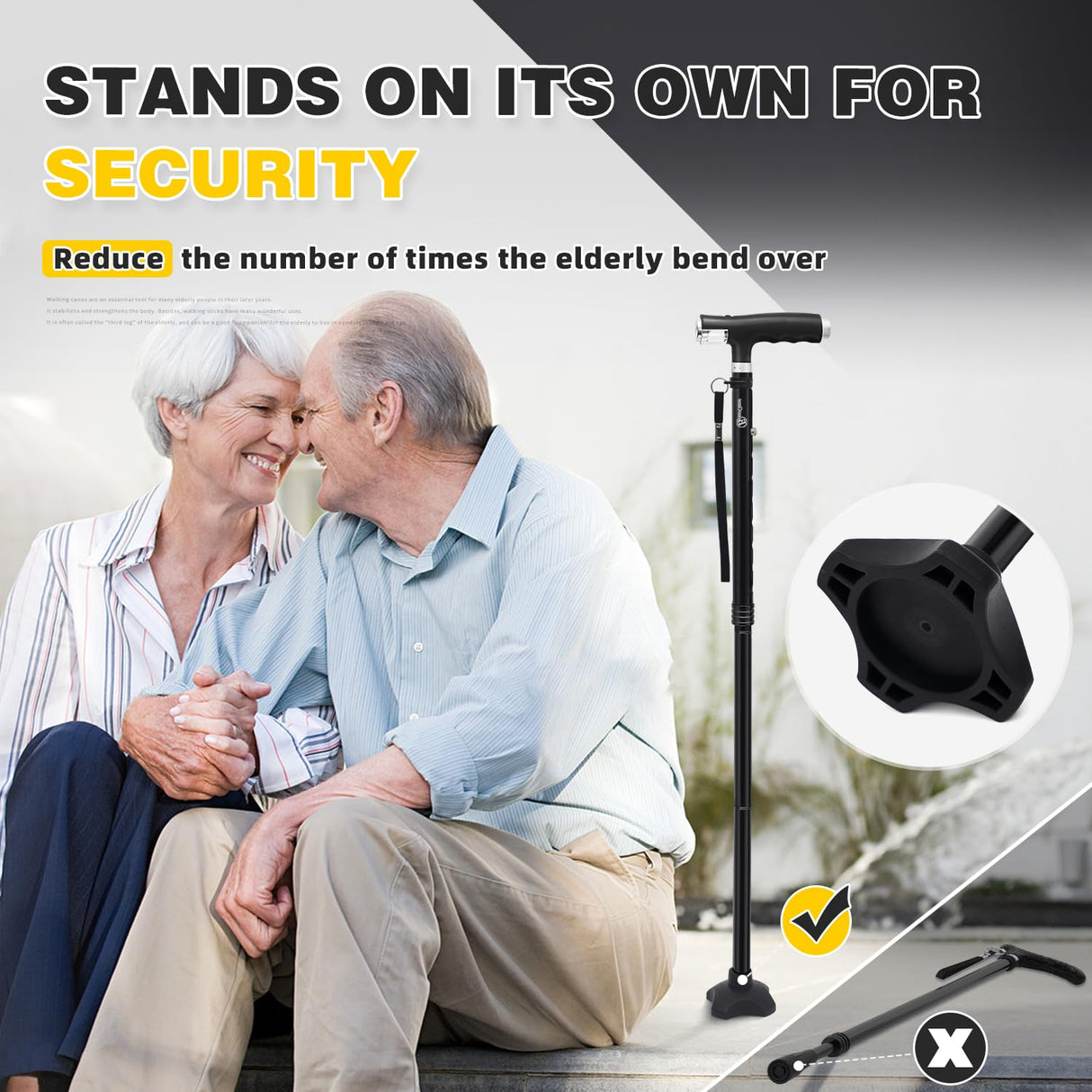 BeneCane Walking Cane for Women Folding Cane for Men with Two Led Lights Quad Cane with Stable Base Lightweight and Adjustable Walking Stick