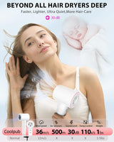 Hair Dryer Blow Dryer,180000 RPM High-Speed Brushless Motor 500 Millions Negative Ionic hairdryer for Fast Drying, Quiet Thermo-Control Hair dryers for Women Home Travel Salon (White)