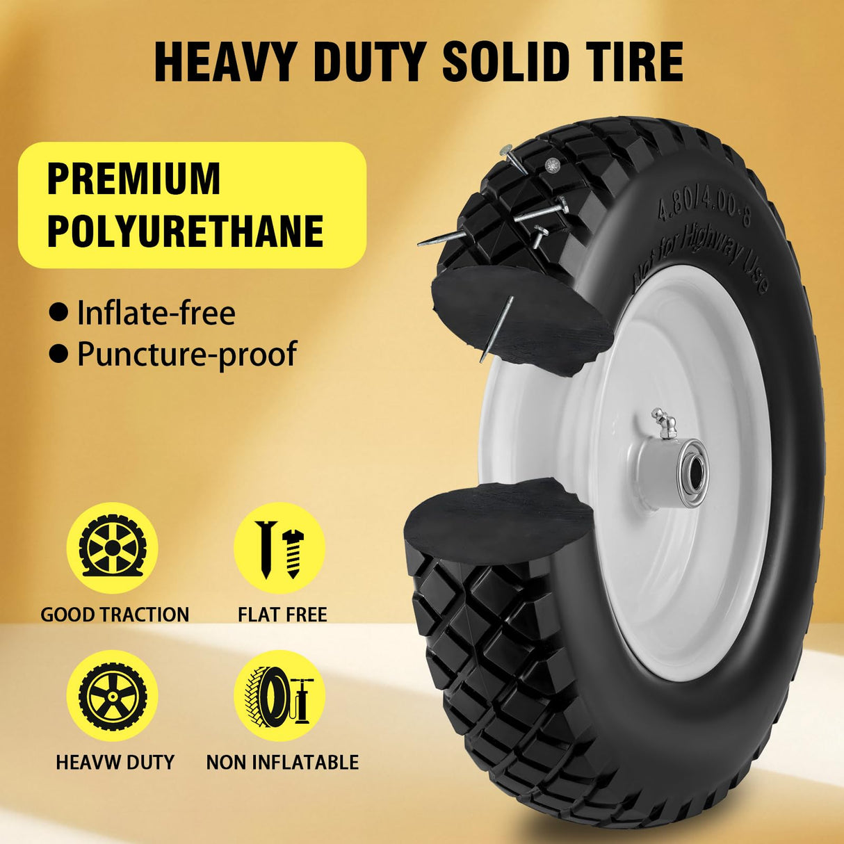 4.80/4.00-8 Wheelbarrow Tire and Wheel 16" Flat Free Solid 2PCS Hand Truck