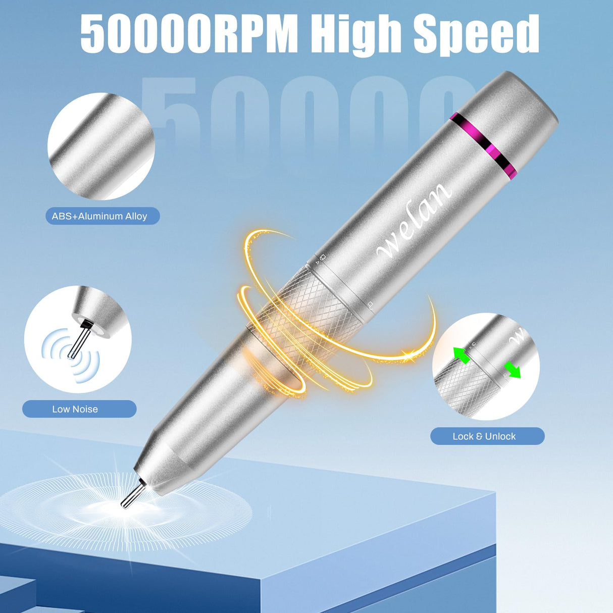 Electric Nail Drill Professional 50000RPM, Electric Nail File Portable for Acrylic Gel Nails, 6000mAh Rechargeable Nail Drill Machine, Efile Kit with 12pcs Bits for Manicure Salon Home