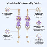 14K gold plated Purple Flower Dangle Chandelier Drop Earrings for Women Hypoallergenic Cubic Zirconia Elegant Statement Jewelry Gifts
