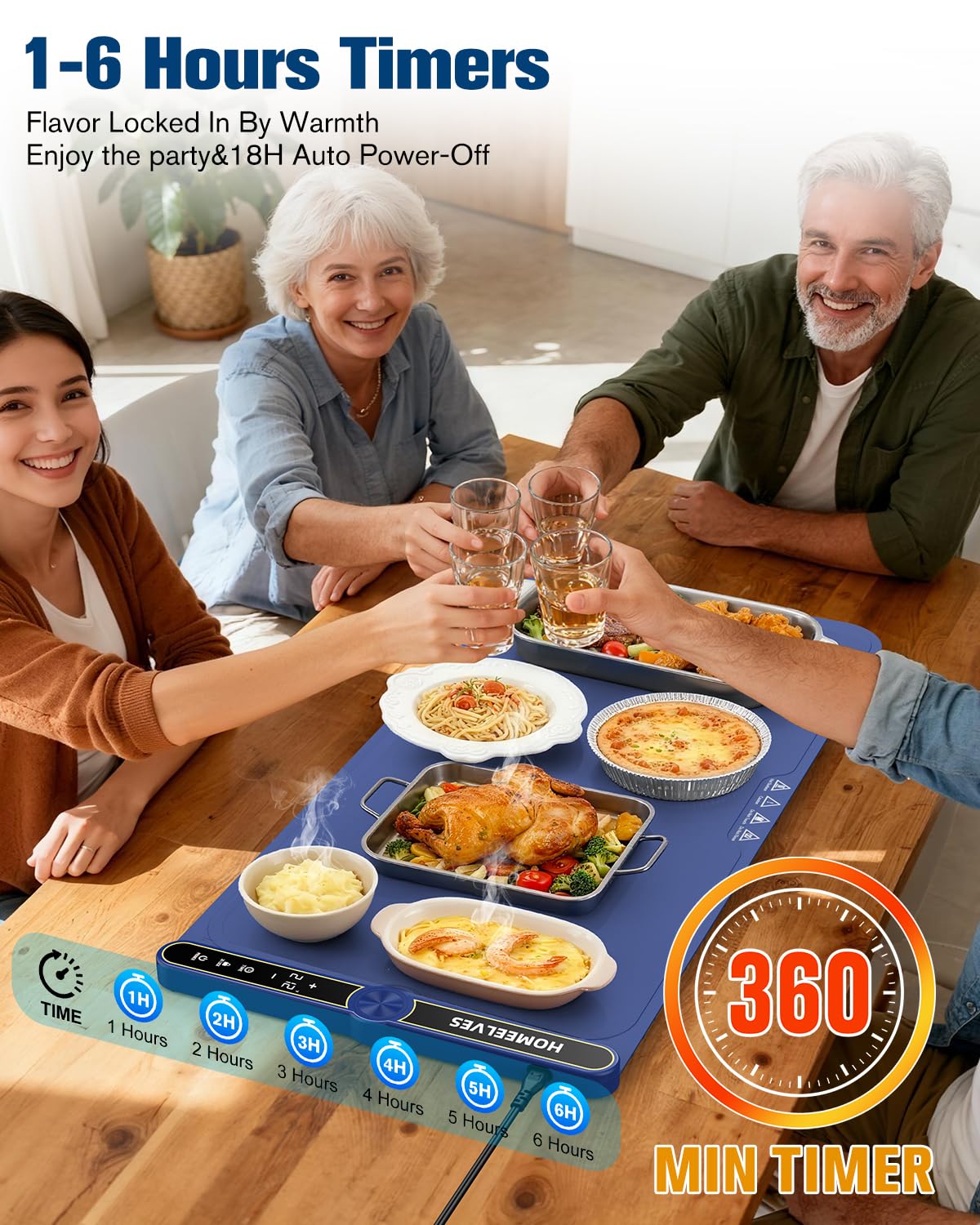 Food Warming Mat Extra Large, Rapid Heating Electric Warming Tray with 9 Temp Setting and 6 Hours Timer,Foldable Warming Trays for Food, Portable Food Warmers for Parties Buffet, Blue