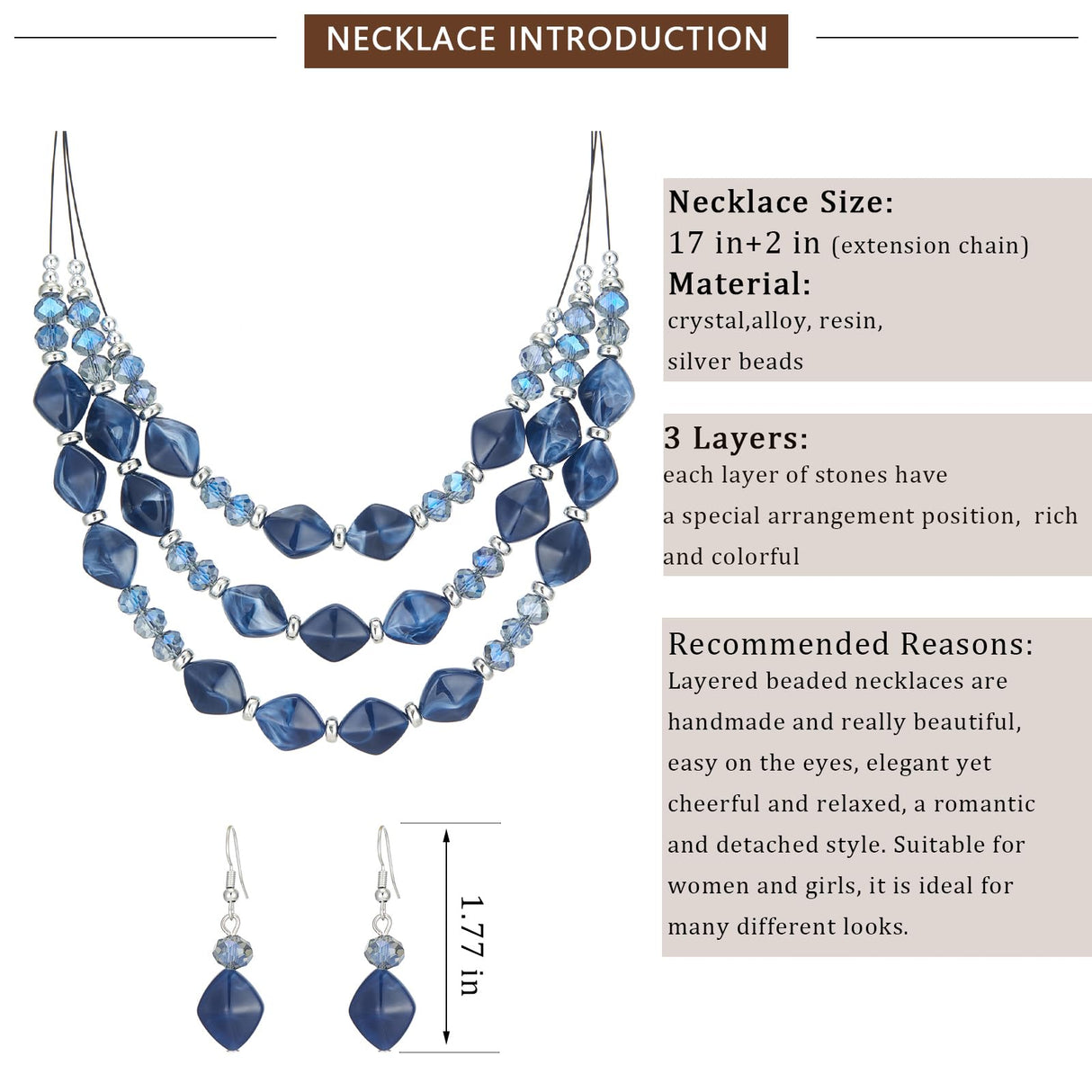 3 Layered Chunky Statement Necklace for Women Beaded Strand Necklaces with Earring Fashion Costumes Collar Necklace Jewelry Sets Gifts for Women(Blue)