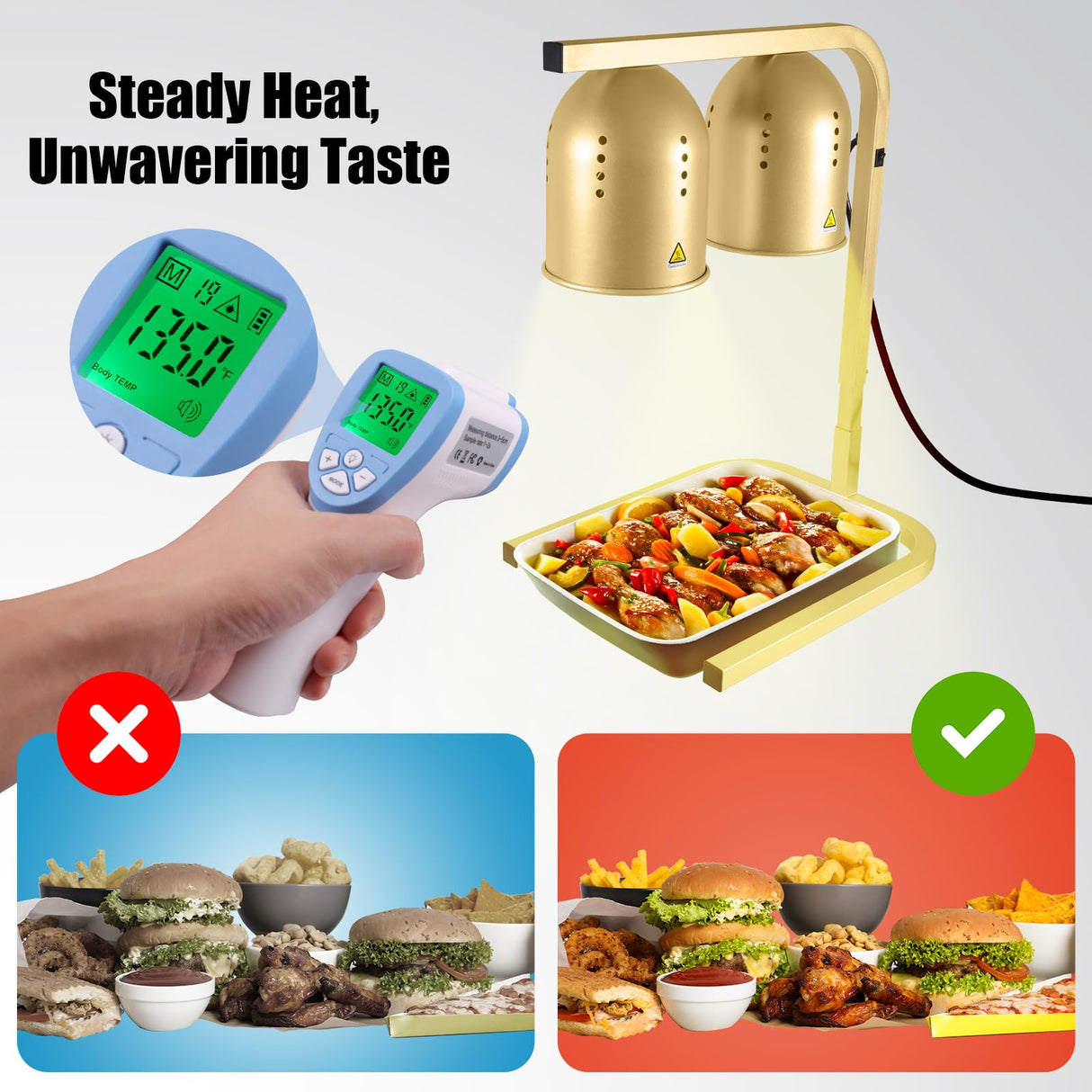 VORIGY Heat Lamp for Food, with Two 250W Bulbs for Fast and Even Heating, Food Heat Lamp with Adjustable Height Stand, Commercial Food Warmer Lamp for Home, Fast Food Restaurant, Buffet, Bakery, Gold