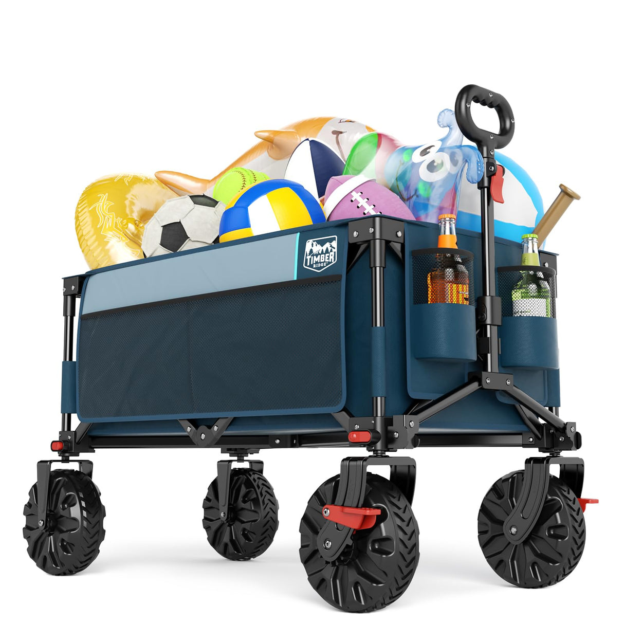 Timber Ridge Outdoor Collapsible Wagon with Brakes Utility Folding Cart Heavy Duty All Terrain Wheels for Shopping Camping Garden with Side Bag and Cup Holders, Blue