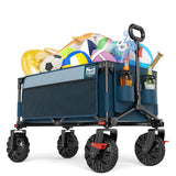 Timber Ridge Outdoor Collapsible Wagon with Brakes Utility Folding Cart Heavy Duty All Terrain Wheels for Shopping Camping Garden with Side Bag and Cup Holders, Blue