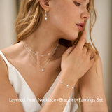 DIBOLA Silver Jewelry Set for Women Dainty Silver Layered Pearl Choker Necklaces and Earring Set Pearls Drop Earrings Pearl Bracelets Wedding Bride Jewelry