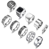MEDOJO 10 Pcs Men's Stainless Steel Vintage Signet Ring Square Pinky Thumb Chunky Thin Band Ring Vintage Biker Band Rings Set 10
