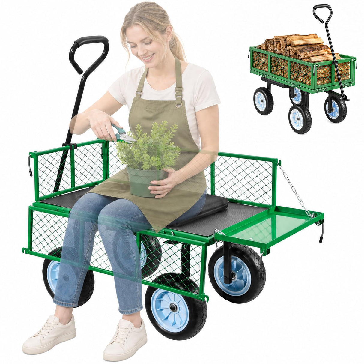 VEVOR 500 LBS Steel Garden Cart with Work Seat, Heavy Duty Garden Wagon Cart on Wheels, Outdoor Metal Utility Yard Wagon Gardening Stool with 10inch Flat Free Tires & Adjustable Handle, Green
