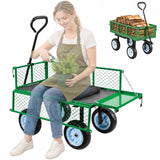 VEVOR 500 LBS Steel Garden Cart with Work Seat, Heavy Duty Garden Wagon Cart on Wheels, Outdoor Metal Utility Yard Wagon Gardening Stool with 10inch Flat Free Tires & Adjustable Handle, Green