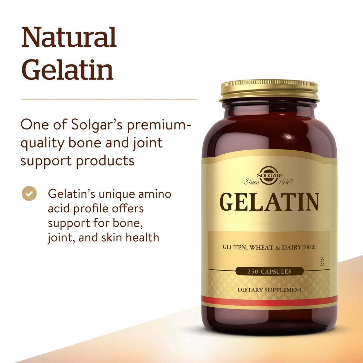 Solgar Gelatin 1680 mg, 250 Capsules - Natural Gelatin - Supports Bone, Joint & Skin Health - Gluten Free, Dairy Free - 83 Servings