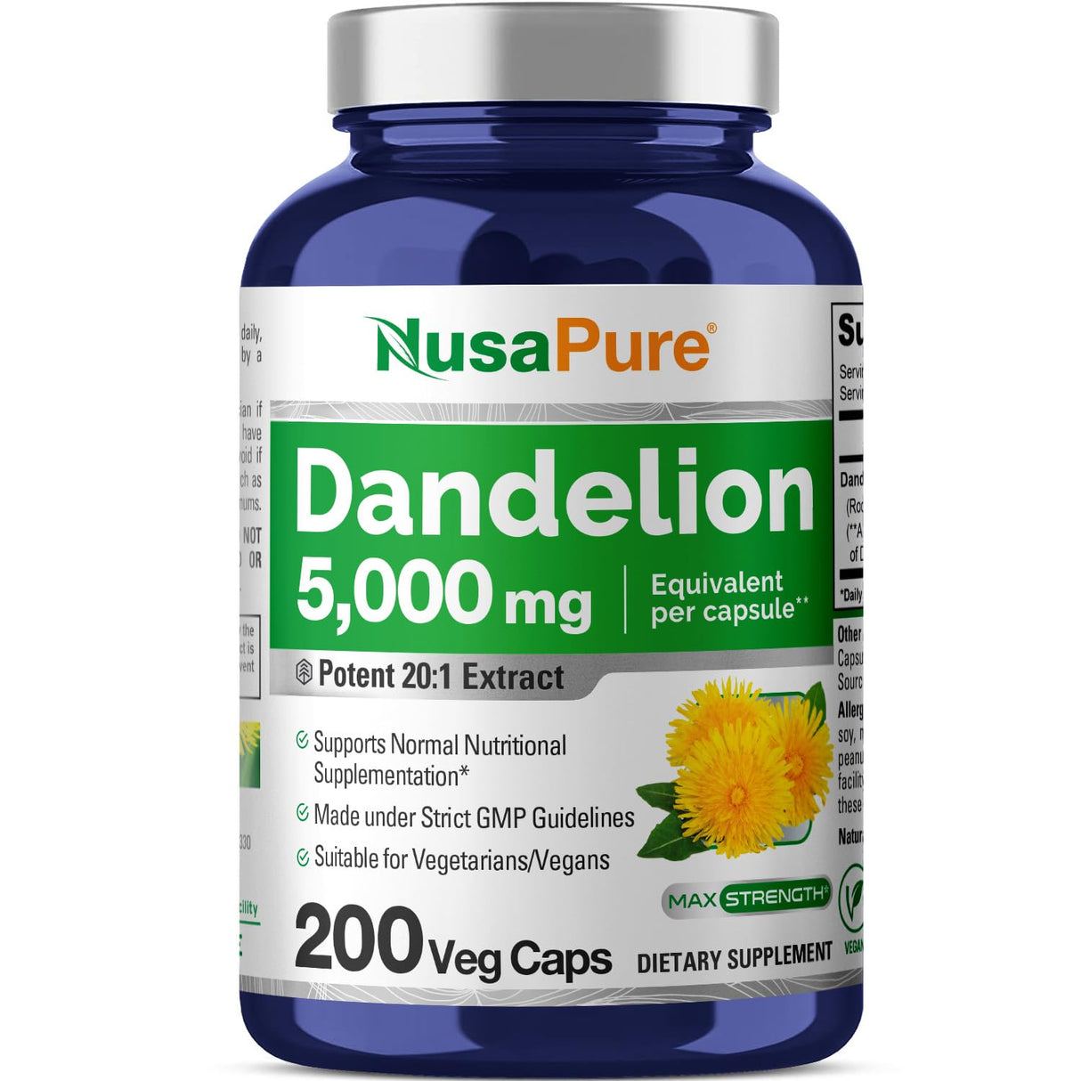 NusaPure Dandelion Root 20:1 Extract, 250 mg Equivalent to 5000mg 200 Veggie Capsules (Non-GMO)