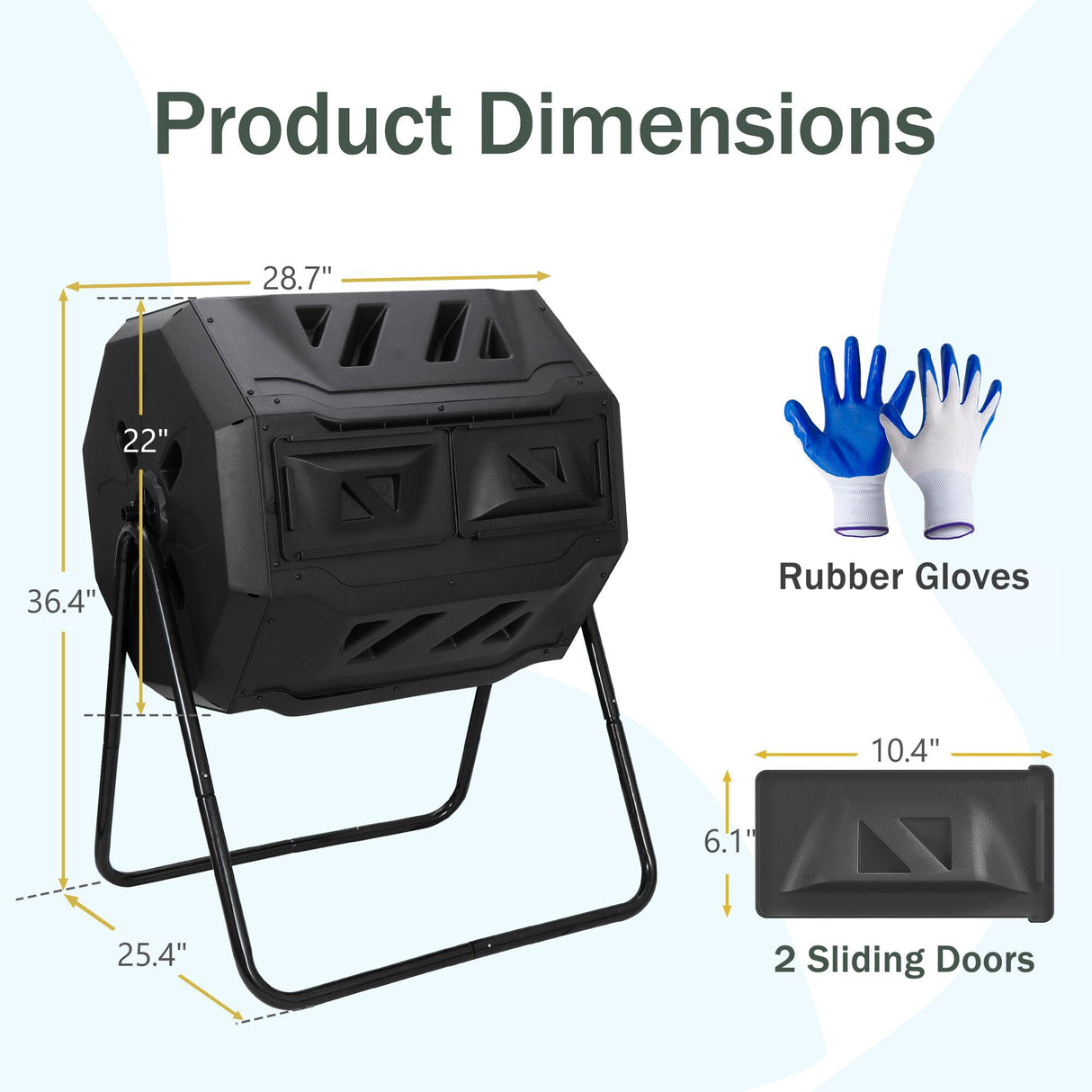 F2C Compost Bin Outdoor 43 Gallon Garden Dual Chamber Composter Bin - Bundled with Pearson's Gardening Gloves, BPA Free, Heavy-Duty Steel Frame, Rotating Tumbler with Sliding Doors -Black