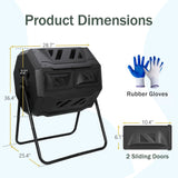 F2C Compost Bin Outdoor 43 Gallon Garden Dual Chamber Composter Bin - Bundled with Pearson's Gardening Gloves, BPA Free, Heavy-Duty Steel Frame, Rotating Tumbler with Sliding Doors -Black