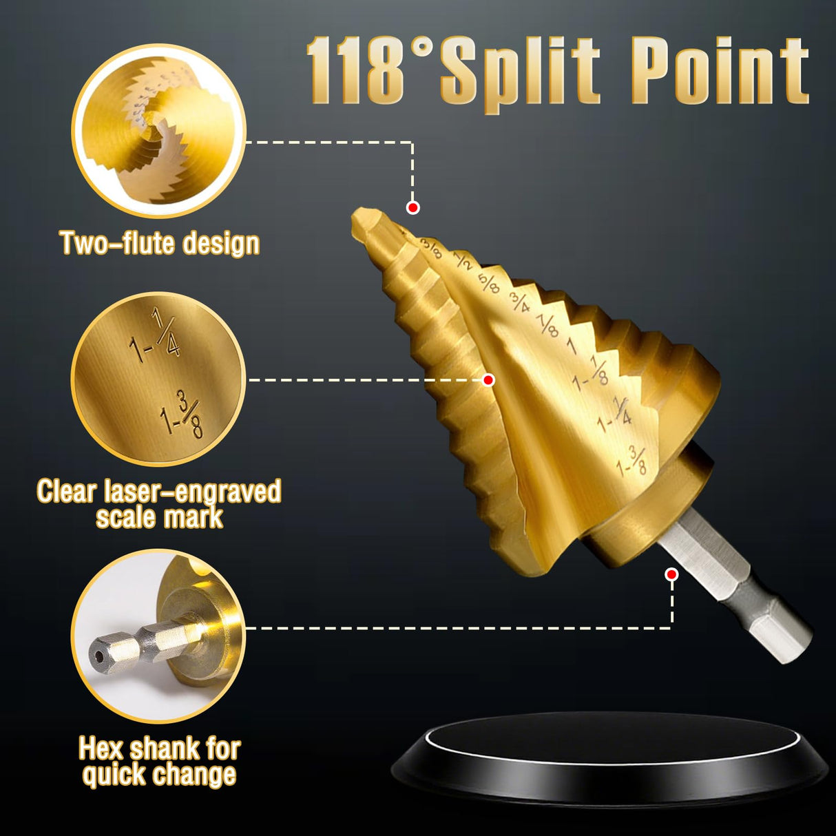 Step Drill Bit Set for Metal- 5PCS Titanium 4241 HSS Step Bit with Two Straight Flutes, 50 Sizes from 1/16" to 1-3/8" for Aluminum, Wood & Plastic, Unibit for Electricians & DIY