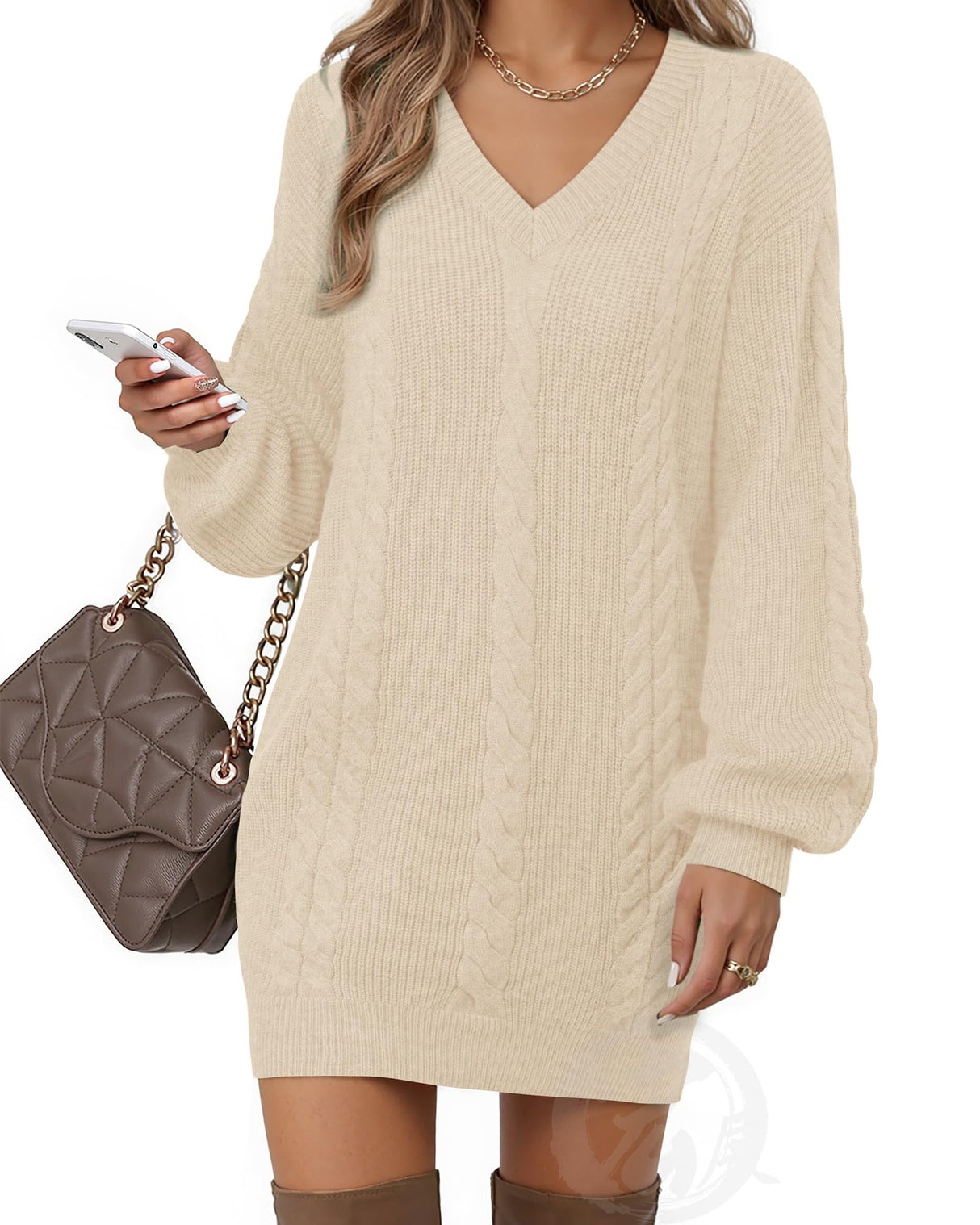 VAFOLY Fall Outfits Women 2025 Long Sleeve Oversized Cable Knit Chunky Baggy Loose Pullover Tunic Mini Sweater Dress V Neck Trendy Winter Skirt Christmas Pullover Sweaters for Women Apricot XL