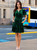 Simplee Christmas Velvet Green Dress Women Cocktail Classic Flare Short Sleeve Mini Dress V Neck A Line Ruffle Hem Tiered Bridesmaid Short Swing Dress with Pockets(Green M)