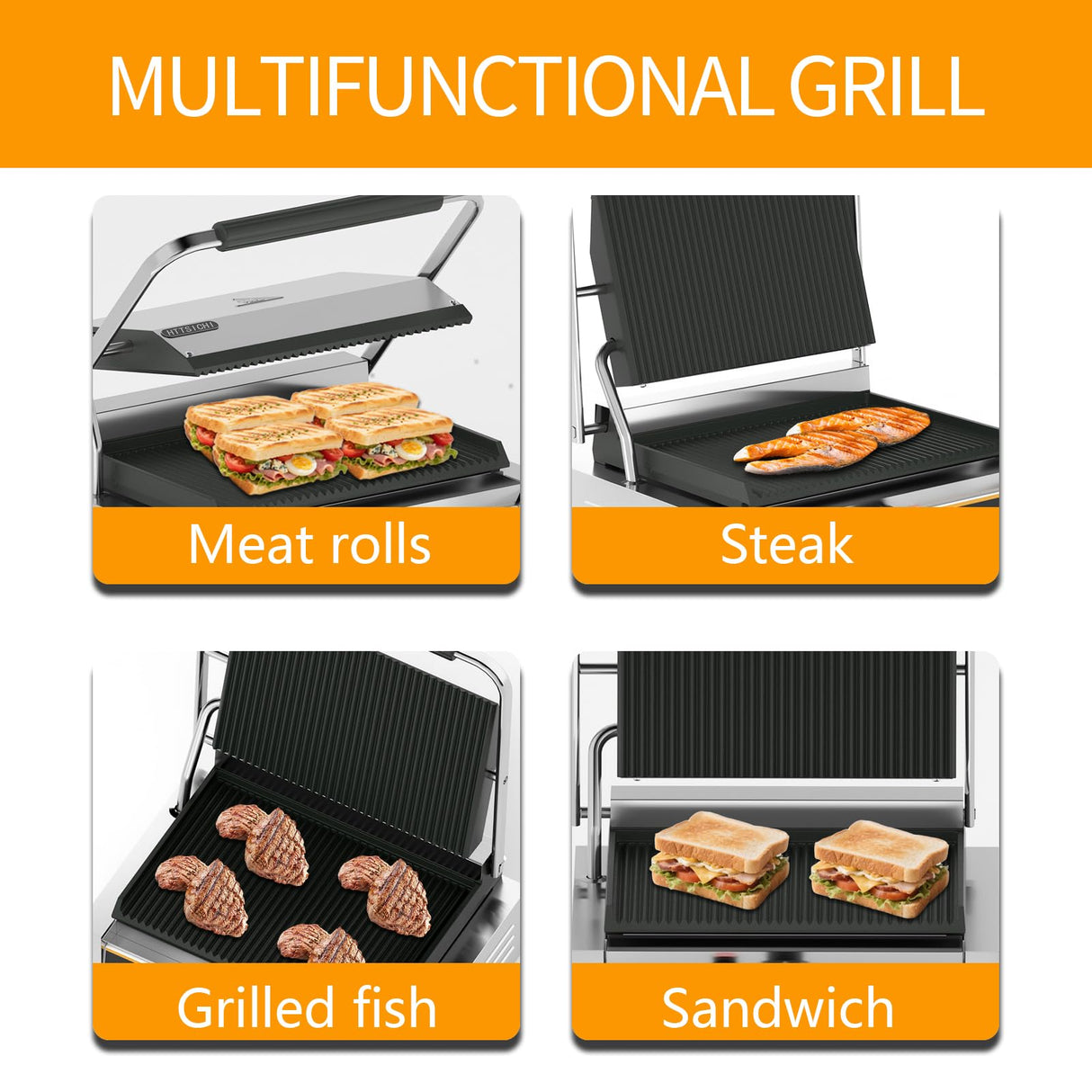 HTTSICHI Commercial Panini Press - 2200W Commercial Electric Panini Sandwich Grill w/Nonstick Coating & Adjustable Temp, Panini Grill Press w/ 9"x9" Cooking Pan, Double-sided Heating