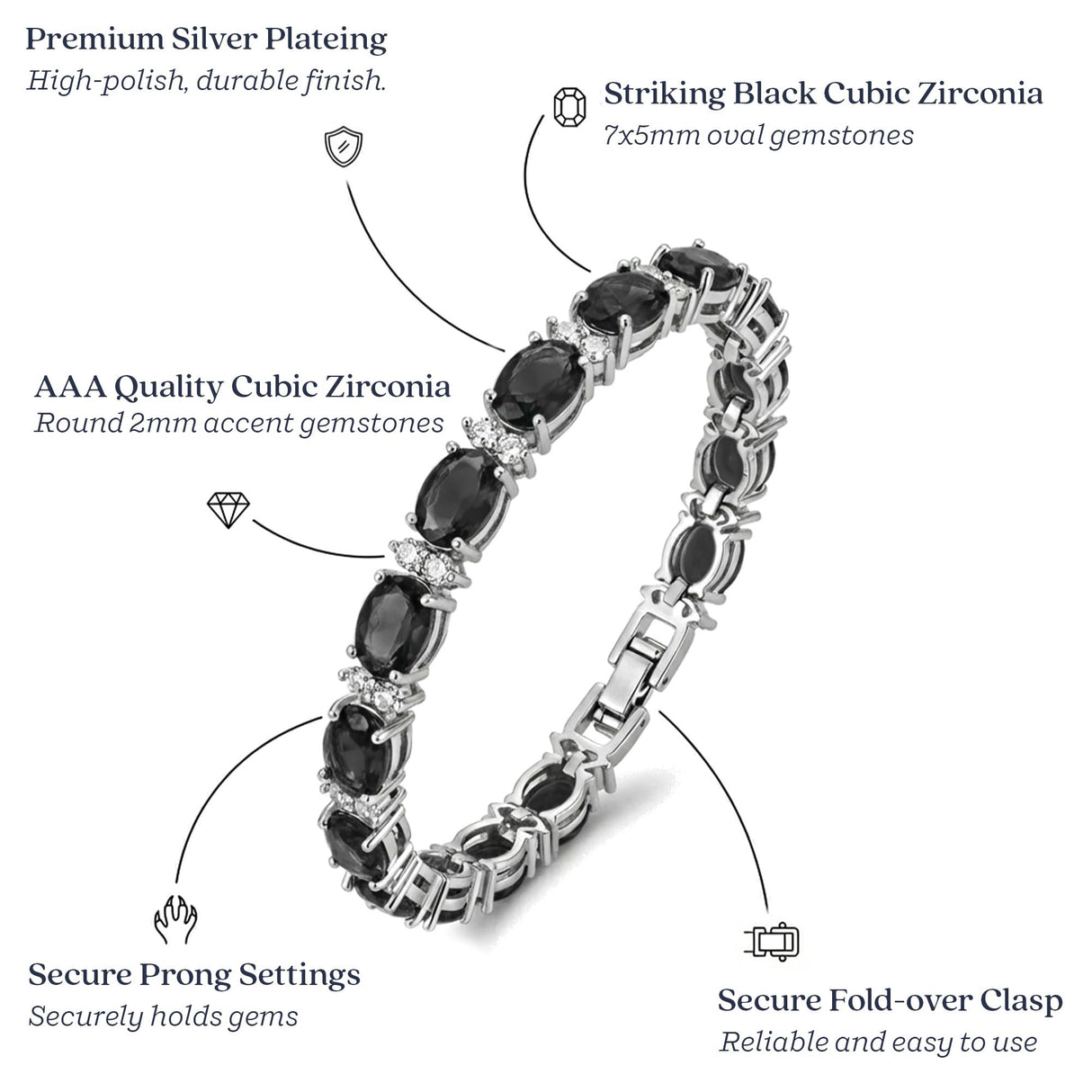 KEZEF Tennis Bracelets For Women - Cubic Zirconia - Oval 7x5mm Black Gemstones - Round 2.50mm White CZ - Silver Plated Brass - 7 Inch - Hypoallergenic Bracelets