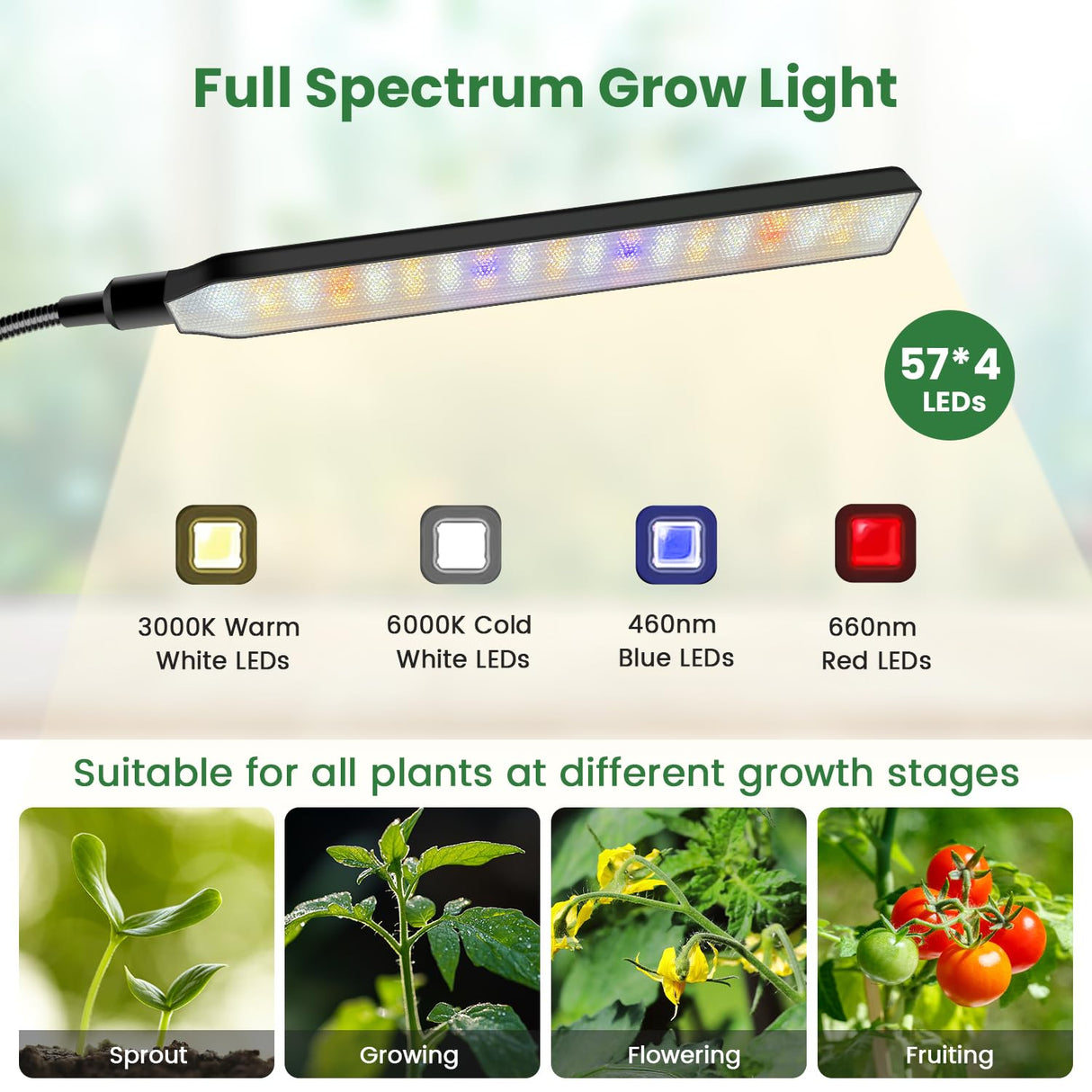 Kullsinss Grow Lights for Indoor Plants with Stand, 4-Heads Full Specturm Plant Grow Light with 4/8/12/16H Timer, 3 Color Modes, 360° Flexible Gooseneck, 24-68.7in Hight Adjustable Grow Lamp, Black