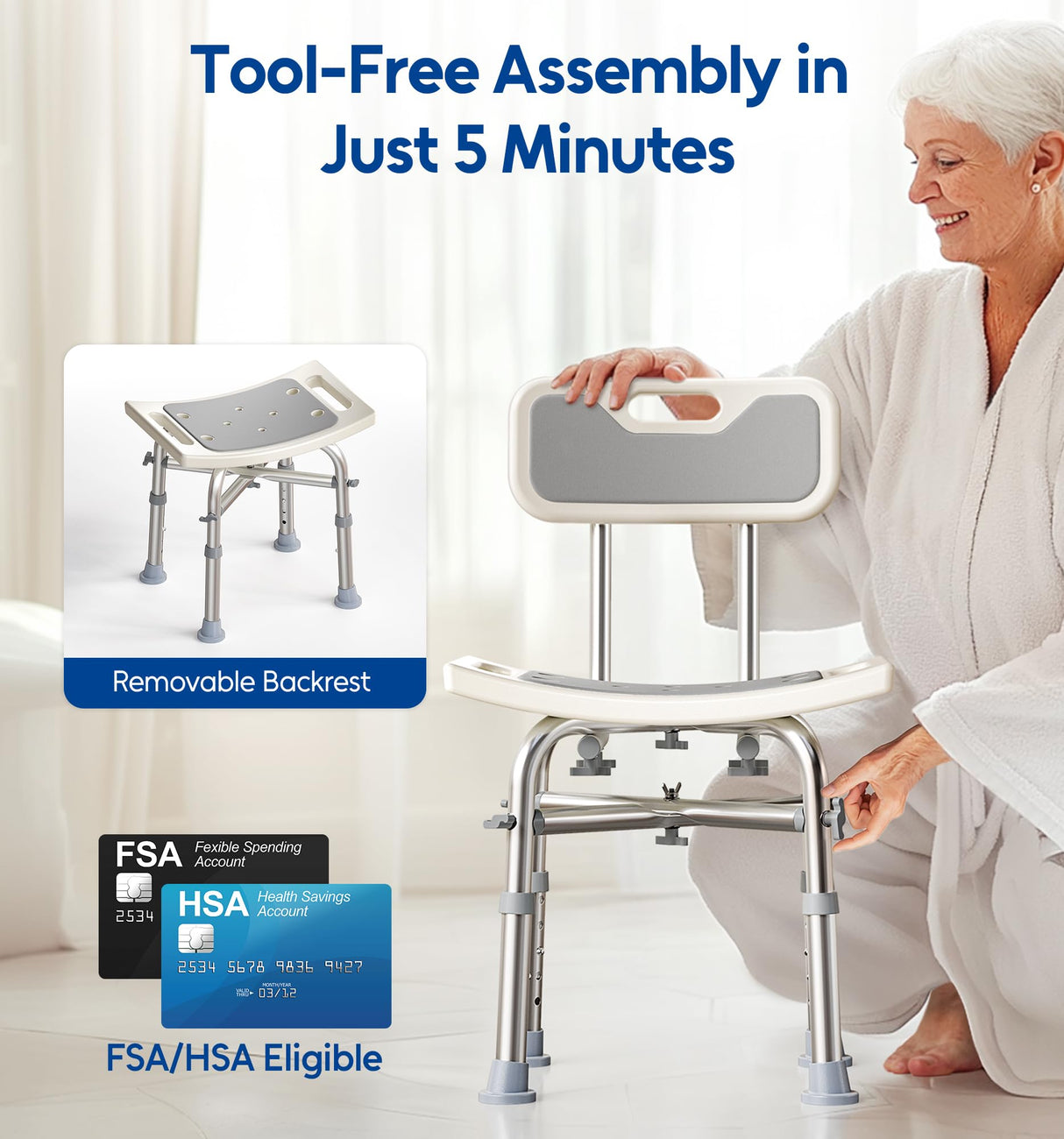 Bluelog Shower Chair with Back for Elderly and Disabled, Shower Seat Bench Stool, Adjustable Height, 500 lbs Capacity, FSA/HSA Eligible, Rectangular