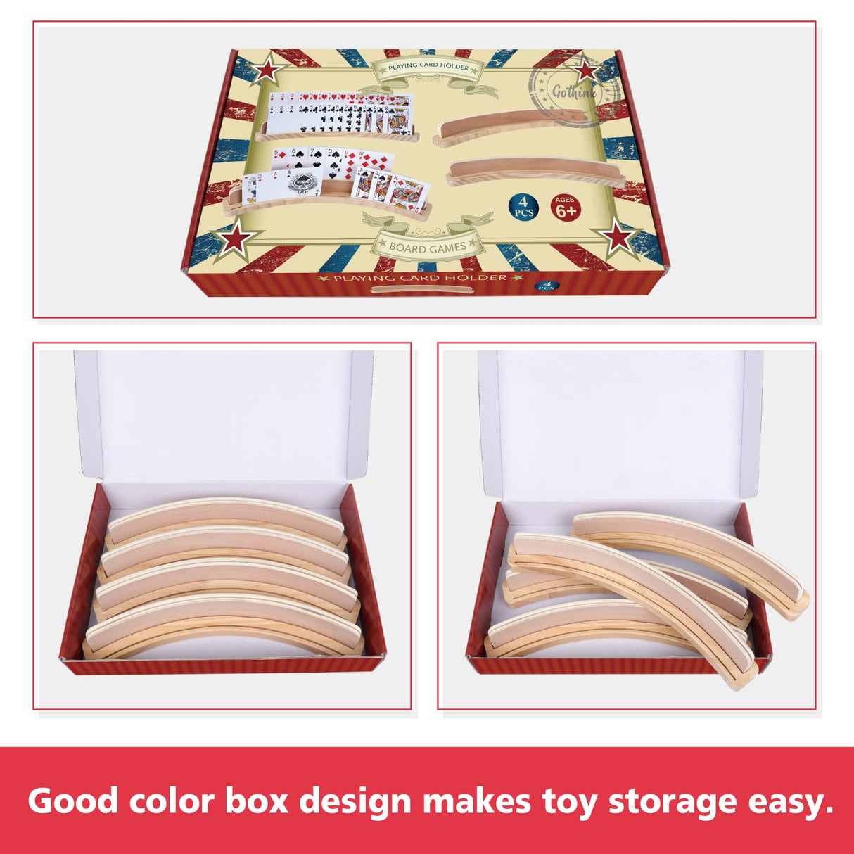 GOTHINK Set of 4 - Cruved Playing Card Holder for Kids Adult Seniors 2 Slot Solid Wood Cards Holders for Playing Cards 14 x 1.6 x 1.8 Inch Non Slip Card Deck for Bridge Canasta Strategy Card Games