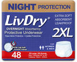 LivDry 2XL Overnight Adult Diapers for Women and Men, XXL Incontinence Underwear, 60”-80" Waist, Disposable Pull-On Briefs, XX-Large, 48 Pack
