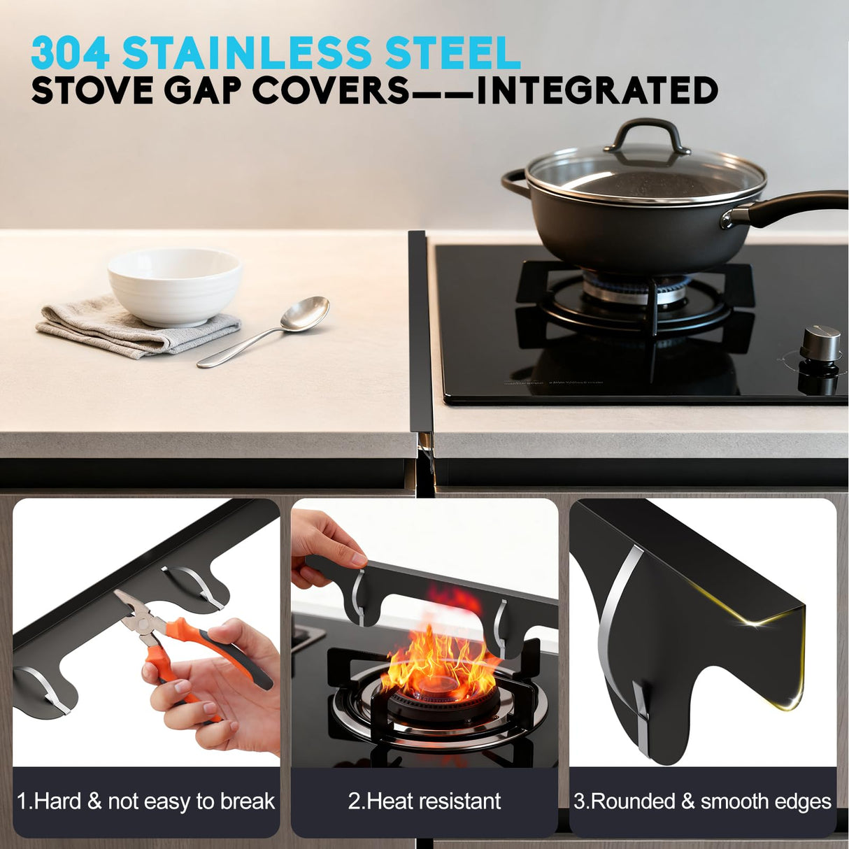 Stove Gap Covers - 2 Pack Stainless Steel Stove Gap Filler, Heat Resistant Oven Gap Filler - Length 23.4" Width 0.79", Spring Clip Design Non-Slip Stove Guard Between Stove Top & Counter - Black