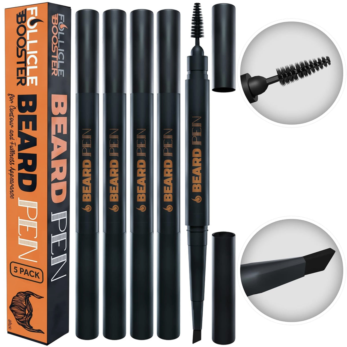 Beard Pen Filler for Men - Barber Styling Grooming Pencil - Waterproof, Sweat Proof, Long Lasting Solution with Natural Finish - Cover Beard and Scalp Patches in Seconds - Black 5 Pack