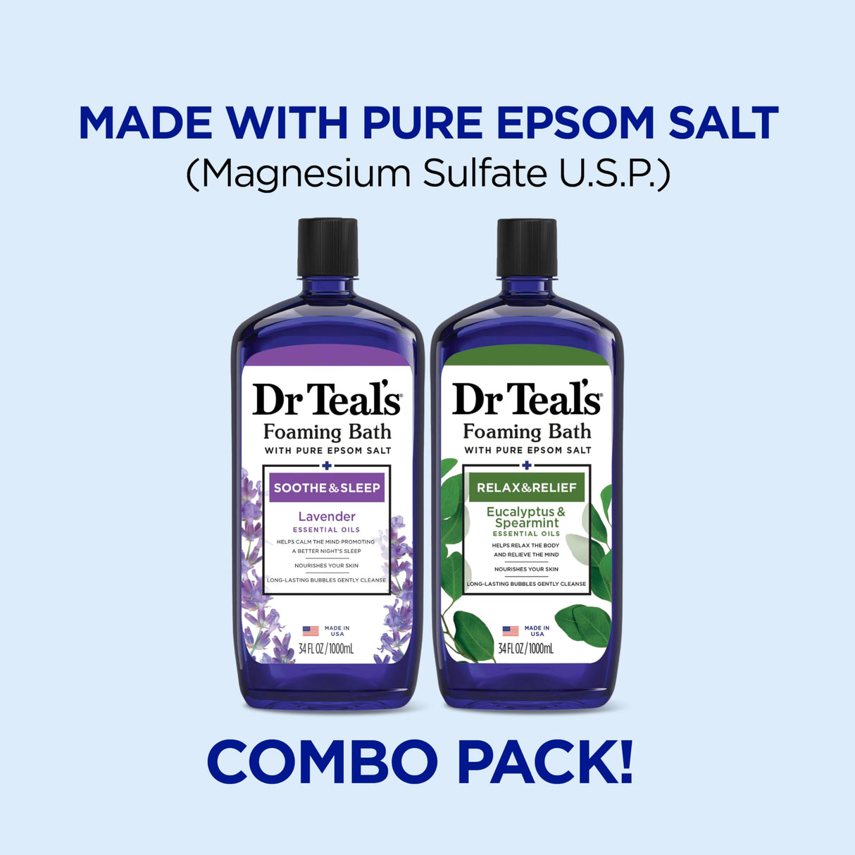 Dr Teal's Foaming Bath with Pure Epsom Salt, Lavender & Eucalyptus, 34 fl oz (Pack of 2)