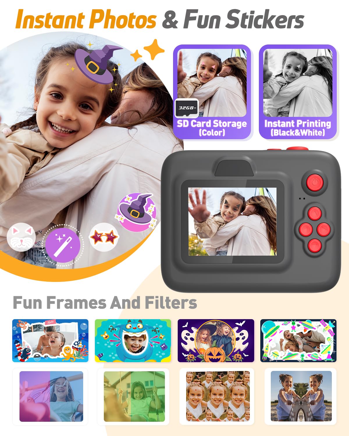 Yehtta Kids Camera Instant Print, Christmas Birthday Gifts for 3-12 Year Old Boys Girls, 2.4in Screen 1080P Kids Digital Camera Toys for Kids Age 3 4 5 6 7 8 9 10 with 3 Rolls Print Paper 32G Card